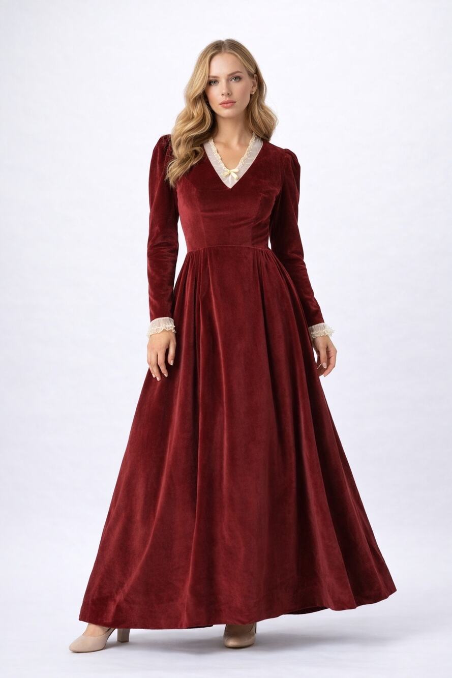 1970s Handmade Burgundy Velvet Juliet Sleeve Gown XS